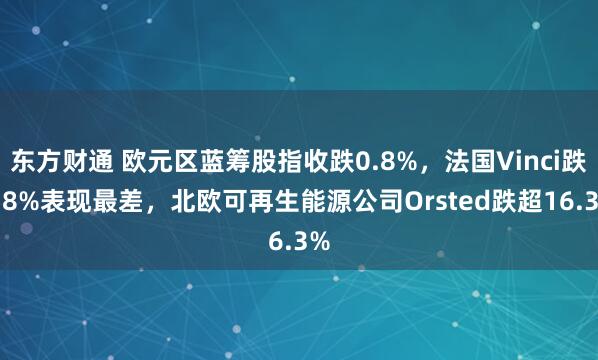 东方财通 欧元区蓝筹股指收跌0.8%，法国Vinci跌5.8%表现最差，北欧可再生能源公司Orsted跌超16.3%